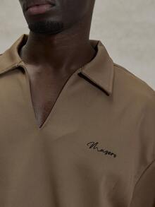 Musero Oversized Short Sleeve Extreme Drop Shoulder Collared V Neck Shirt Top Co Ord Set Basic Style Short Winter Essentials - Brown - View 5