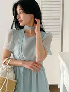 DAZY Đầm mùa hè nữ màu xanh dương, hai lớp vải lưới, eo thon, dáng dài đến đầu gối. - Màu xanh lam - Xem 4