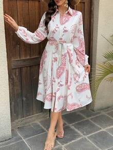 Vivie Lora Women's Patterned Allover Print Collared Waist-Cinched Mid-Length Dress Sundress Vacation - Baby Pink - View 6