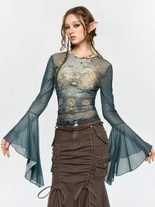 ROMWE Fairycore 仙女、圣母玛利亚、莲花和十字架印花修身喇叭袖薄纱女式上衣 - 彩色 - 查看 1