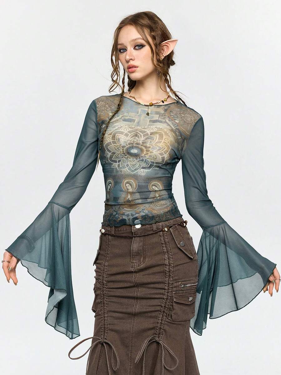 ROMWE Fairycore 仙女、圣母玛利亚、莲花和十字架印花修身喇叭袖薄纱女式上衣 - 彩色 - 查看 1