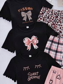 SHEIN 6pcs Girls Leopard Lip Print Top, Avocado Print Pants, Cartoon Bear Print Shorts Set, Casual Pajamas - Black - View 4
