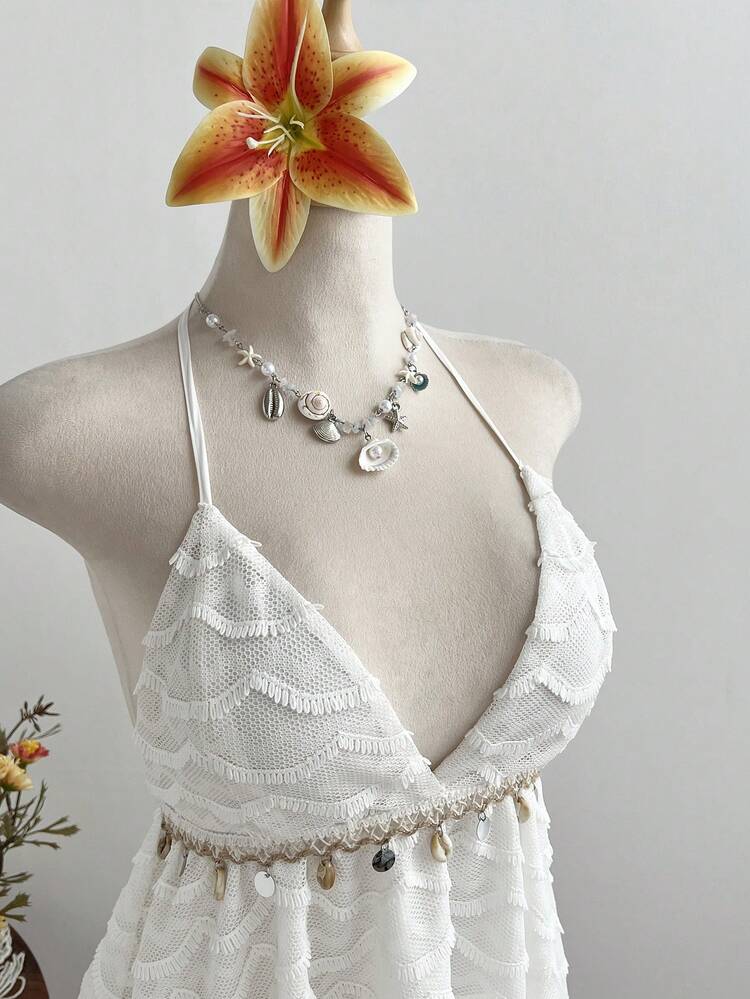 Elamini 女士杏色流苏V领露背贝壳连衣裙，适合海滩度假穿着 - 白色 - 查看 3