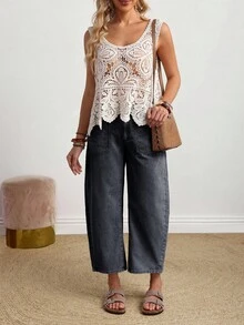 SHEIN PETITE 女士纯色休闲牛仔裤 - 黑色 - 查看 6