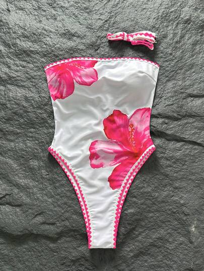 Bonvoyette Women's Swimsuit, Positioned Pink Floral Watercolor Tie-Dye Print, Contrast Trim, Sexy High-Cut Leg, Removable Straps, Fashionable Casual Resort Sweet & Sexy One-Piece Bandeau Swimwear