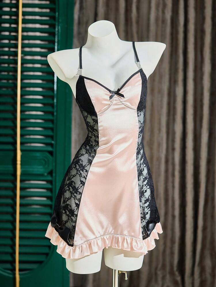 SilkySpell Sexy Lace Patchwork Faux Silk Backless Ruffle Hem Women Nightgown - Multicolor - View 6