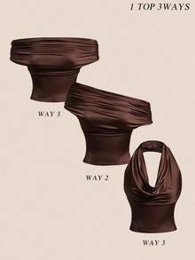Modelyn Khaki Off-Shoulder, Asymmetrical Shoulder And Halter Versatile Fitted Elegant Sexy Tank Top, Suitable For Spring And Summer Brown Swimsuit Top Brown Bathing Suit Women Brown Tops Brown Two Piece Set Women Dark Brown Top - Apricot - View 1