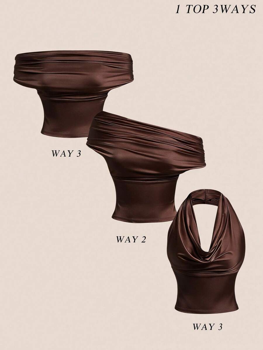 Modelyn Khaki Off-Shoulder, Asymmetrical Shoulder And Halter Versatile Fitted Elegant Sexy Tank Top, Suitable For Spring And Summer Brown Swimsuit Top Brown Bathing Suit Women Brown Tops Brown Two Piece Set Women Dark Brown Top - Apricot - View 1
