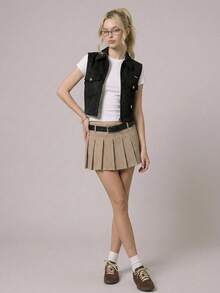 Muvela 女士无袖拉链PU夹克，高端哑光PU材质，复古街头风日常穿搭 - 黑色 - 查看 4