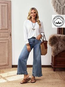 EMERY ROSE Plus Size Women Street Casual Comfortable Mid-Blue Non-Stretch Ruffle Hem Straight Leg Jeans - Medium Wash - View 2