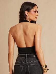 Silquee Women's Black Sexy Deep V-Neck Underwire Pleated Backless Suspender Bodysuit, Women's Summer Clothing, Summer Vacation Clothing, Summer Bodysuit, Sexy Summer Bodysuit For Going Out, Women's Casual Clothing - Black - View 2