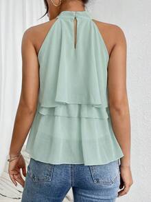 Firerie Loose Neck Ruffle Asymmetrical Chiffon Blouse - Green - View 3