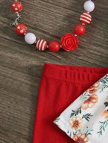 SHEIN Babygirl Summer Vacation Knit Floral Print Ruffle Trim Top And Elastic Waist Pants Set - Red - View 8