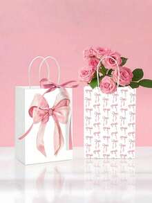 粉色蝴蝶结礼品袋，12个装 - 可重复使用的牛皮纸礼品袋，带提手，适用于婚礼、生日、婴儿派对、单身派对回礼、圣诞礼物和派对装饰 - 彩色 - 查看 8