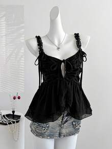 Sweetra Y2K Aesthetic Sexy Bowknot Design Casual Classic Black Blouse, American Subculture Style, Spring/Summer New Arrival - Black - View 5