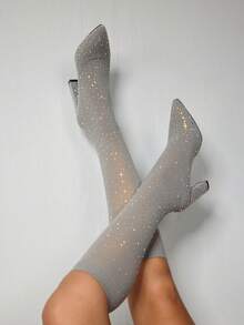 CUCCOO SZL Women Fashion High Heels Pointed Tops Shiny Ankle Boots Halloween, Christmas, Date Night Dresses Valentine's Day - Light Grey - View 1