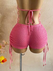 Soleia 两件套女士度假露背系带紧身上衣和低腰褶皱抽绳短裤，性感时尚套装，适合派对、约会、下午茶、嘉年华、海滩等场合。 - 粉色 - 查看 6