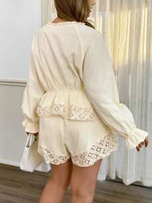 Lounesse Plus Size Women Elegant White Lace Patchwork Long Sleeve Top & Shorts 2 Pieces Set,Casual Commuter Autumn Vacation Holiday Cream Outfit Spring Outfit - Apricot - View 5