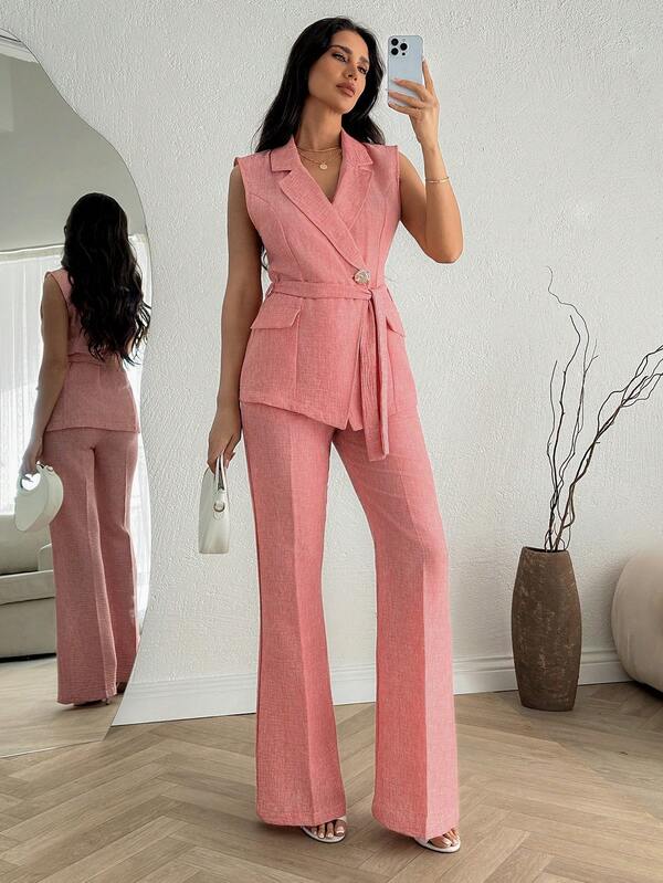 SHEIN Women Solid Color Button And Belted Detailed Regular Fit Suit Sets