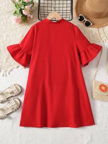 Firerie Kids Firerie Kids 少女度假休闲红色拼接荷叶边袖衬衫裙 - 紅色 - 查看 2