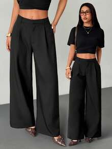SHEIN PETITE 女士商务休闲裤 女士西式服装 女士阔腿裤 女士办公室服装 宽松裤 专业女士服装 办公室着装 灰色 - 黑色 - 查看 1