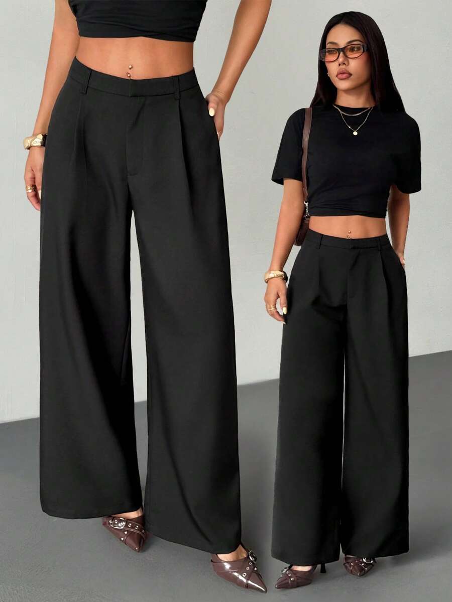 SHEIN PETITE 女士商务休闲裤 女士西式服装 女士阔腿裤 女士办公室服装 宽松裤 专业女士服装 办公室着装 灰色 - 黑色 - 查看 1