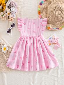 一件式可爱女宝宝优雅可爱夏季条纹蝴蝶结图案无袖连衣裙 - 粉色 - 查看 2
