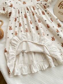 Baby Girl Cute Slouchy Cartoon Bear Pattern Ruffle Hem Knit Nightgown - Multicolor - View 5
