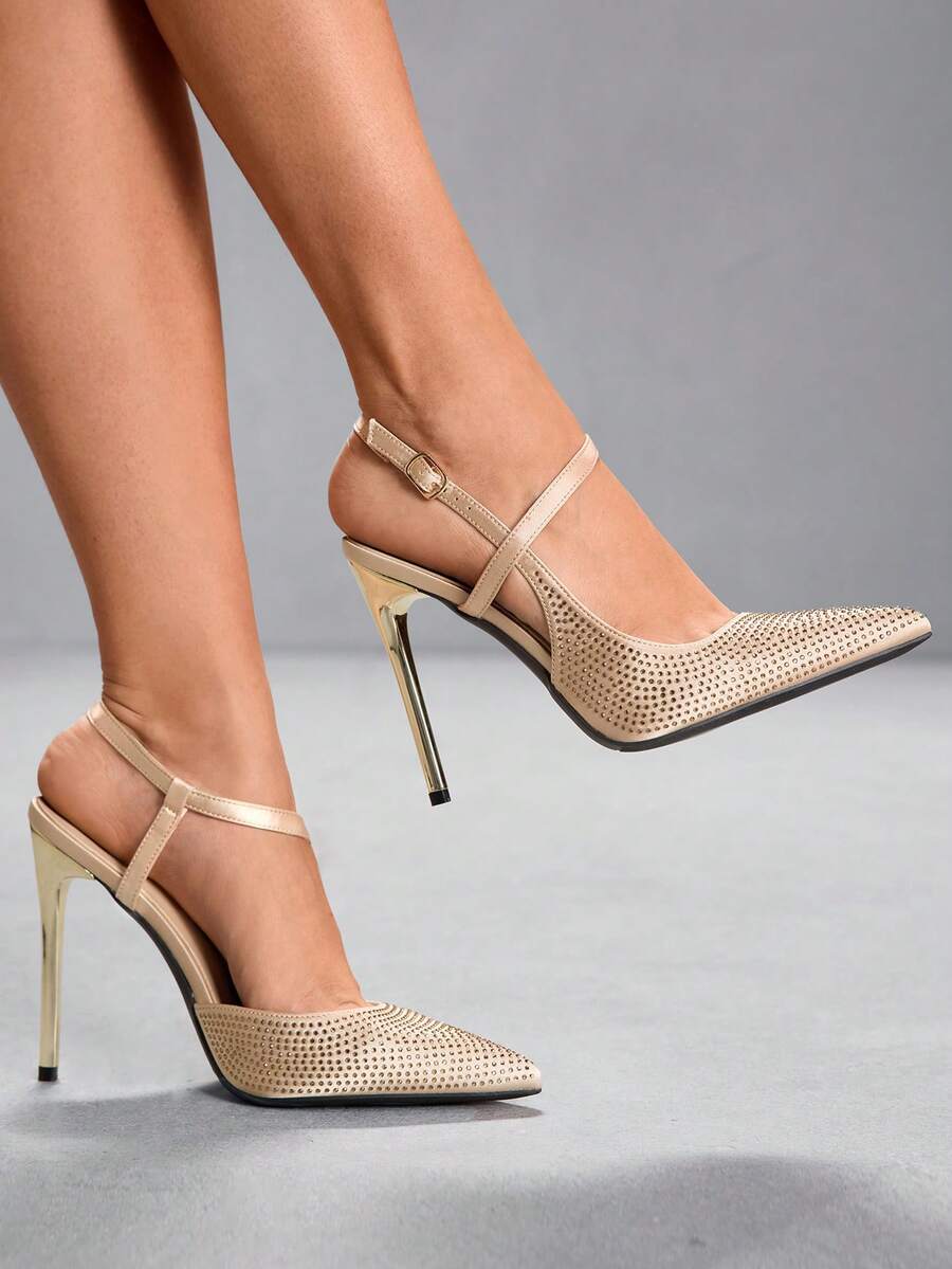 CUCCOO SZL Women's Apricot Rhinestone Embellished Slip-On High Heel Pumps Valentine's Day - Rose Gold - View 1