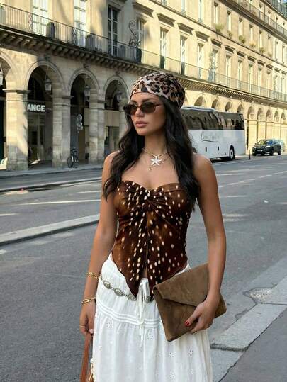  Aloruh Bohemian Brown Deer Print Twist Hem Asymmetric Hem Blouse, Vacation Style, Suitable For Spring/Summer, Music Festivals, Casual Outings, Boho Top