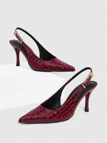 CUCCOO SZL 女士尖头高跟鞋，8厘米优雅细高跟，后跟系带，方便穿脱，镜面PU材质，金属大装饰扣，酒红色，酒杯鞋跟，适合日常/派对/圣诞节/感恩节/情人节/约会/聚会等场合穿着。 - 酒紅色 - 查看 2