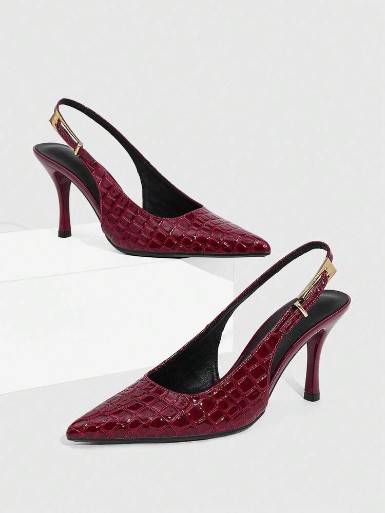 CUCCOO SZL Women's High Heels Pointed 8CM Elegant Stiletto Shoes Back Strap Easy To Wear Mirror PU Material Metal Large Decorative Buckle Women's Burgundy High Heels Wine Glass Heel Suitable For Daily/Party/Christmas/Thanksgiving Valentine's Day Dating/Party Wear Women's Shoes Spring Shoes