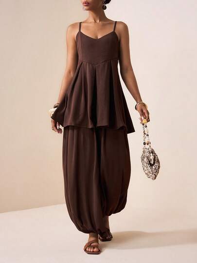 Zivah 2026 Spring/Summer New Music Festival, Easter, St. Patrick's Day, Valentine's Day, Date, Western, Nomadic, Birthday Party, Street, Wedding Guest Bohemian Style, Party, Holiday Outfit: Loose Camisole Top With Tie Straps & Ruffle Hem, Relaxed Fit Drawstring Waist Pants With Pockets, Brown Loose Matching Set