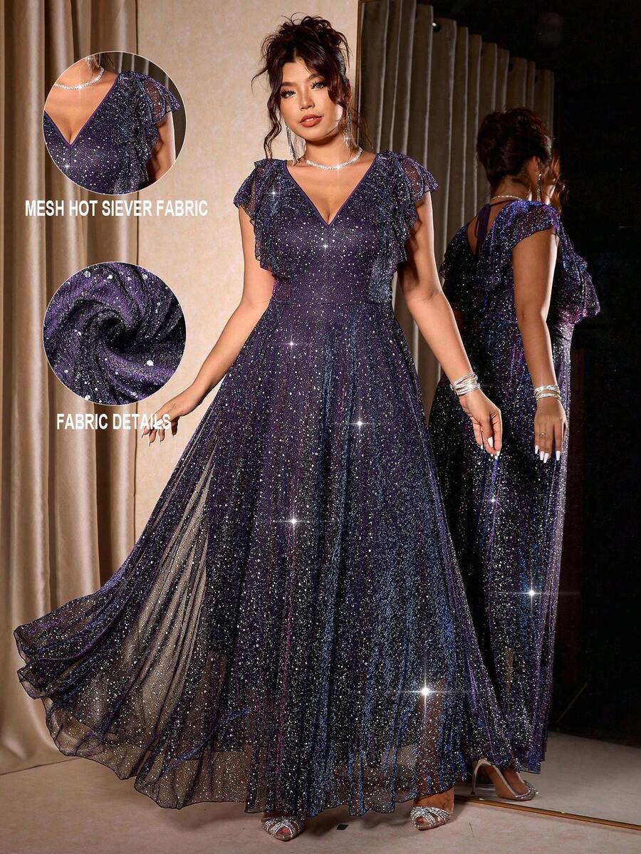 Cravure Stunning Purple Glitter Plus Size Maxi Dress With V Neck Flounce Short Sleeves A Line Fit For Evening Parties