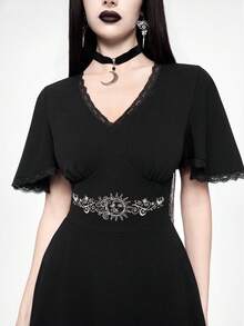 Spring/SummervacationWomen's Vintage Gothic Sun & Moon Embroidery V-Neck Contrast Lace Mini Dress, Spring/Summer - Black - View 2