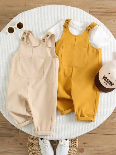 SHEIN 2件套婴儿/幼儿纯色背带裤连体衣套装，舒适百搭，休闲时尚，适合春夏室内、日常、运动、玩耍、派对、拍照、度假等场合。