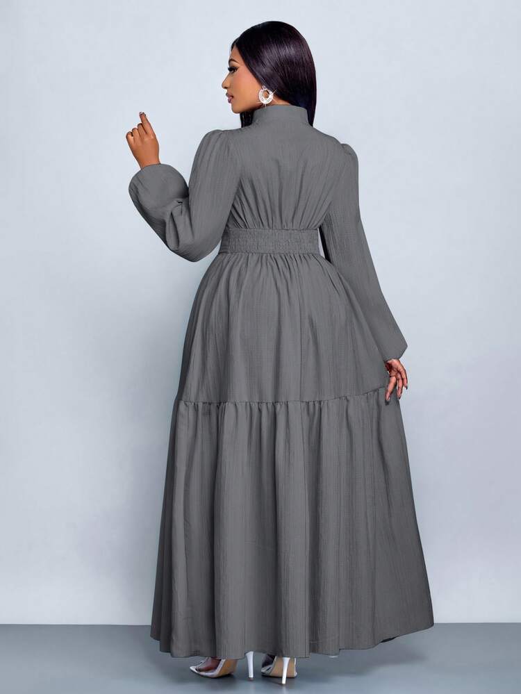 SOLERSUN 大码女装纯色宽松休闲立领前开衩水滴扣高端设计长袖腰带修身A字长裙，优雅舒适休闲时尚通勤气质连衣裙，新款，日常穿着，新年、秋季、冬季、约会、圣诞节，女装 - 深灰色 - 查看 2