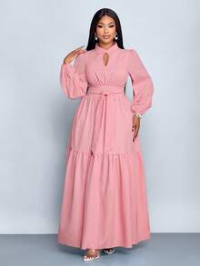 SOLERSUN 大码女式纯红色宽松休闲立领前开衩水滴形纽扣高端设计长袖系带修身A字长连衣裙，优雅、舒适、休闲、时尚通勤连衣裙，新款，适合日常穿着，新年、秋季、冬季、派对、约会、圣诞节、2026年、新年、情人节、夏季、粉色。 - 粉色 - 查看 3