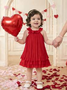 SHEIN 女婴红色蝴蝶结褶皱荷叶边领口和下摆双层荷叶边连衣裙，适合日常、度假、休闲、优雅、可爱装扮 - 紅色 - 查看 1