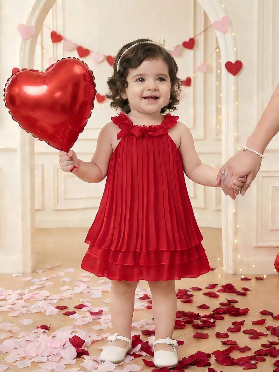 SHEIN 女婴红色蝴蝶结褶皱荷叶边领口和下摆双层荷叶边连衣裙，适合日常、度假、休闲、优雅、可爱装扮 - 紅色 - 查看 1