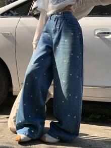 FRIFUL Women's Casual Heart Print Washed Denim Jeans, Suitable For Autumn - Blue - View 7