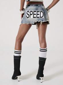 ROMWE Avant Women's Sporty Elastic Waist Low Waist Denim Mini Skirt - Light Wash - View 3