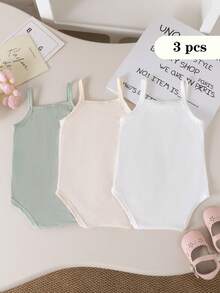 Souflis Souflis 3pcs/Set Baby Girls' Casual Cute Colorblock Romper Bodysuit, Summer - Green - View 2