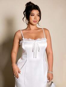 Cravure 大码女式蕾丝拼接拉链前开无袖束腰亮面面料休闲连衣裙，适合户外/购物 - 白色 - 查看 6