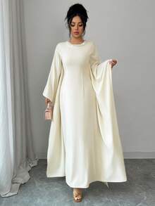 Rafferiza Vestido largo de mujer color albaricoque con cuello redondo decorado con perlas, mangas de murciélago conservadoras, adecuado para fiestas, festivales y banquetes - Albaricoque - Ver 6
