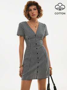 Poéselle 女士休闲格子前开襟纽扣收腰短袖迷你连衣裙，夏季 - 黑色 - 查看 8