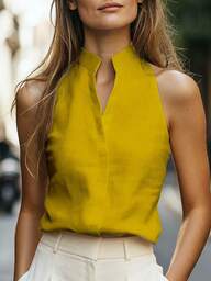 Balvessa Women's Sleeveless Stand Collar Linen-Like Casual Tank Top, Versatile And Slimming For Commuting