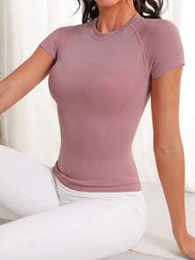 Sovereign Charm Women's Seamless Round Neck Short Sleeve Sports T-Shirt In Solid Color Compression Shirt Fitted Shirt Workout Tank Top Gym Shirts - Dusty Pink - View 5