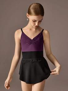 Tween Girls 2 Pieces Set: Burgundy Sleeveless Minimalist Jumpsuit And Skirt. High Stretch Dual-Tone Fabric Splice Design Fitted Ballet Leotard, Suitable For School, Professional Training, Ballet, Gymnastics, Dance Studio, Dancing, Dance Wear - Multicolor - View 8