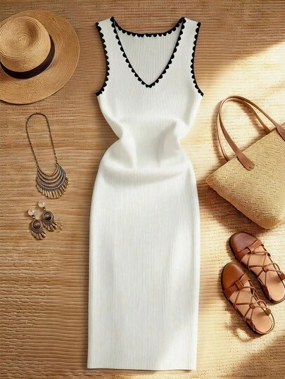 SHEIN Franclia New Luxury Fashionable Color Block V-Neck Simple Elegant Women's Dress, Summer New Design Color Contrast Sleeveless Fitted Knit Camisole Dress, Feminine Sexy Daily Commute Slim Fit Bodycon Dress